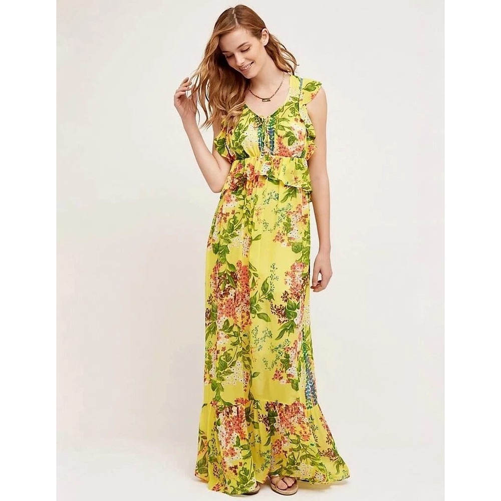Plenty Tracy Reese Sungrove Maxi Dress Small Yellow Floral Ruffle Fairy Garden